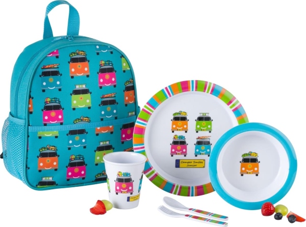 Farbenfrohes Kindergeschirrset "Camper Smiles Junior" aus Melamin von Flamefield flamefield-melamin-kinder-geschirr-set-camper-smiles-junior