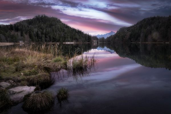 Lila Himmel über dem Allgäu Alatsee in Bayern