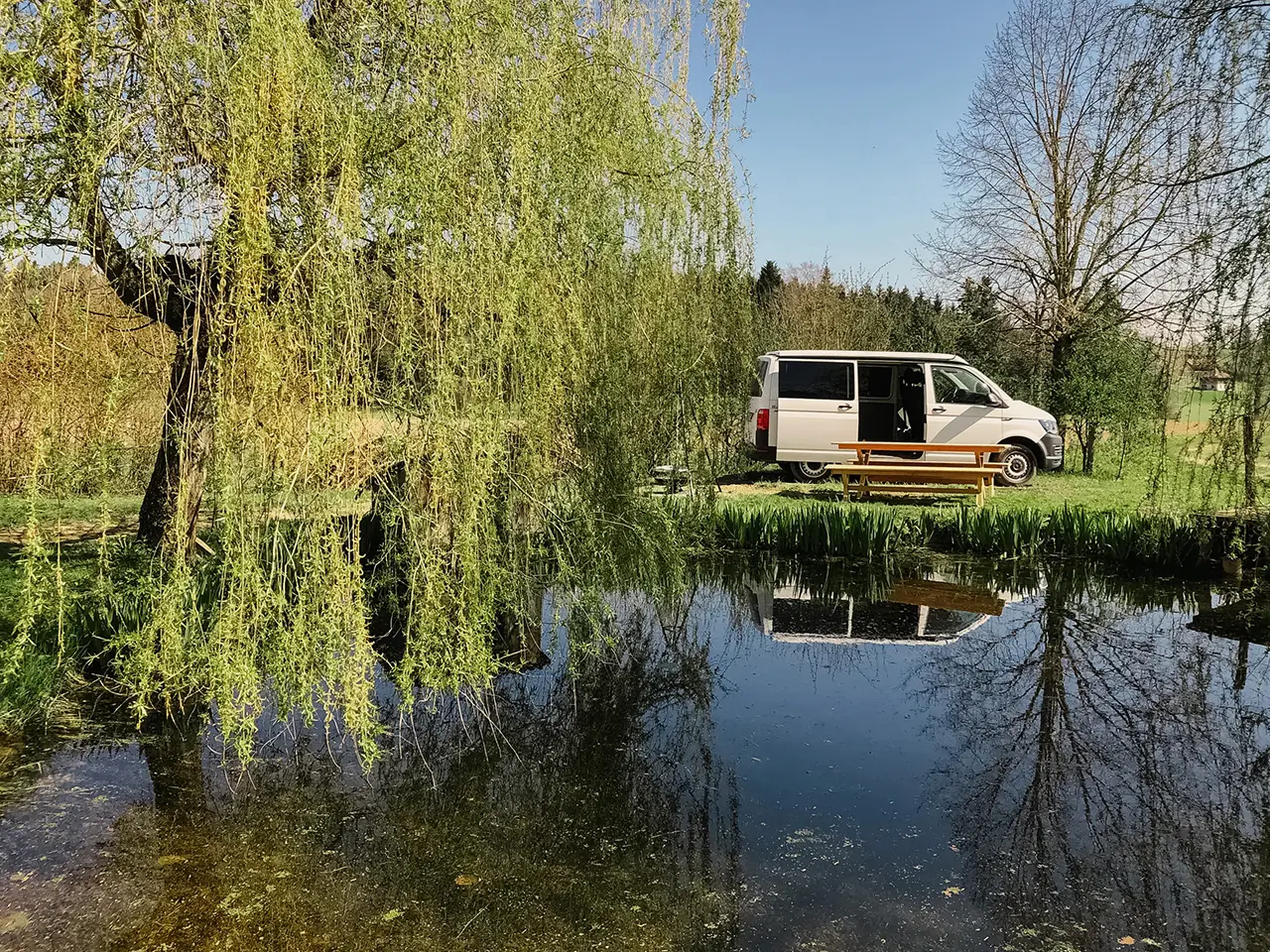 a camper van in nature under trees