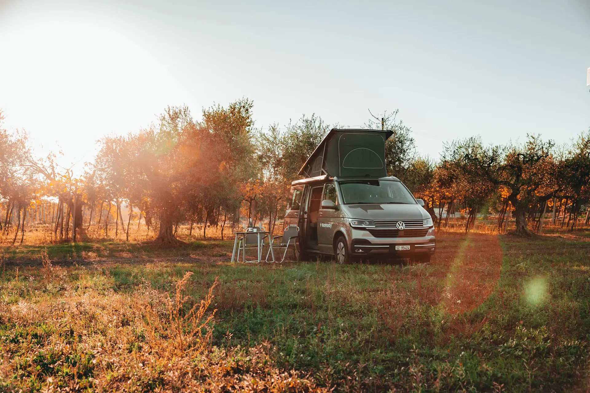 a camper van in nature under trees