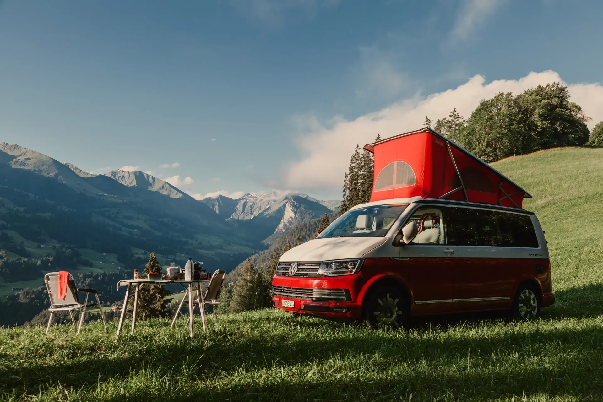 Camper van parked in nature in Switzerland
