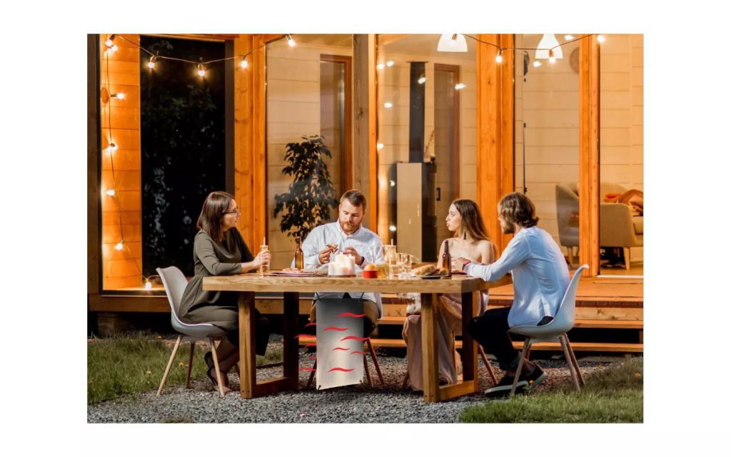 Schluss mit kalten Füßen auf der Terrasse! Schluss mit wetterbedingten Absagen Ihres freudig erwarteten Grillfests! Dank Area Pro Flex genießen Sie Ihre Zeit im Freien unabhängig von der Temperatur und fühlen sich dabei als würden Sie in der Sonne sitzen. AREA PRO warm camp Heizvorhang