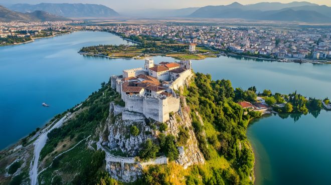 Die abgebildete Burg ist die Burg Rozafa, eine Burgruine am südlichen Rand der nordalbanischen Stadt Shkodra. 