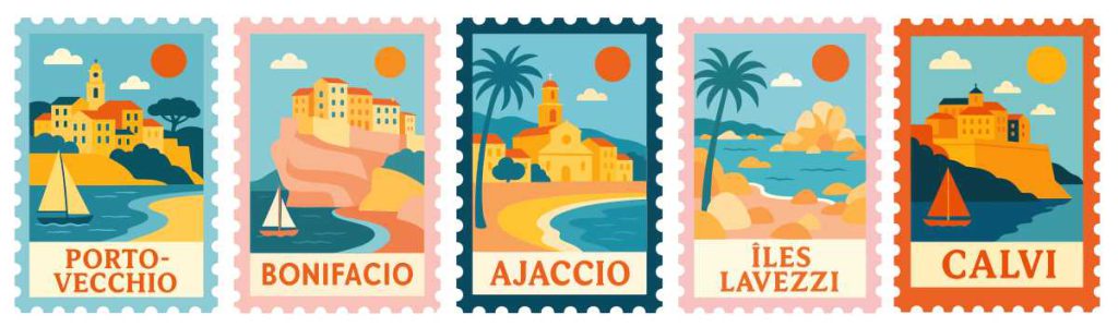 Briefmarken mit den schönesten Orten der Insel Korsika Briefmarken mit den schönesten Orten der Insel Korsika