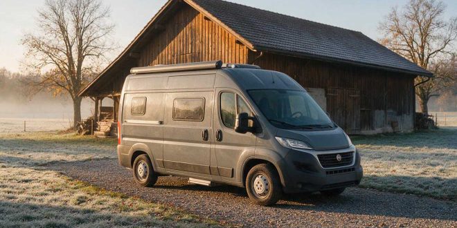 Graues Wohnmobil steht vor einer Scheune und trotzt den eisigen Temperaturen