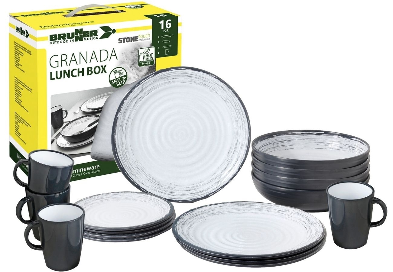 Brunner Lunch Box Granada Premium Melamin Geschirrset Porzellan-Touch, Antirutsch und bruchunempfindlich 16-teilig