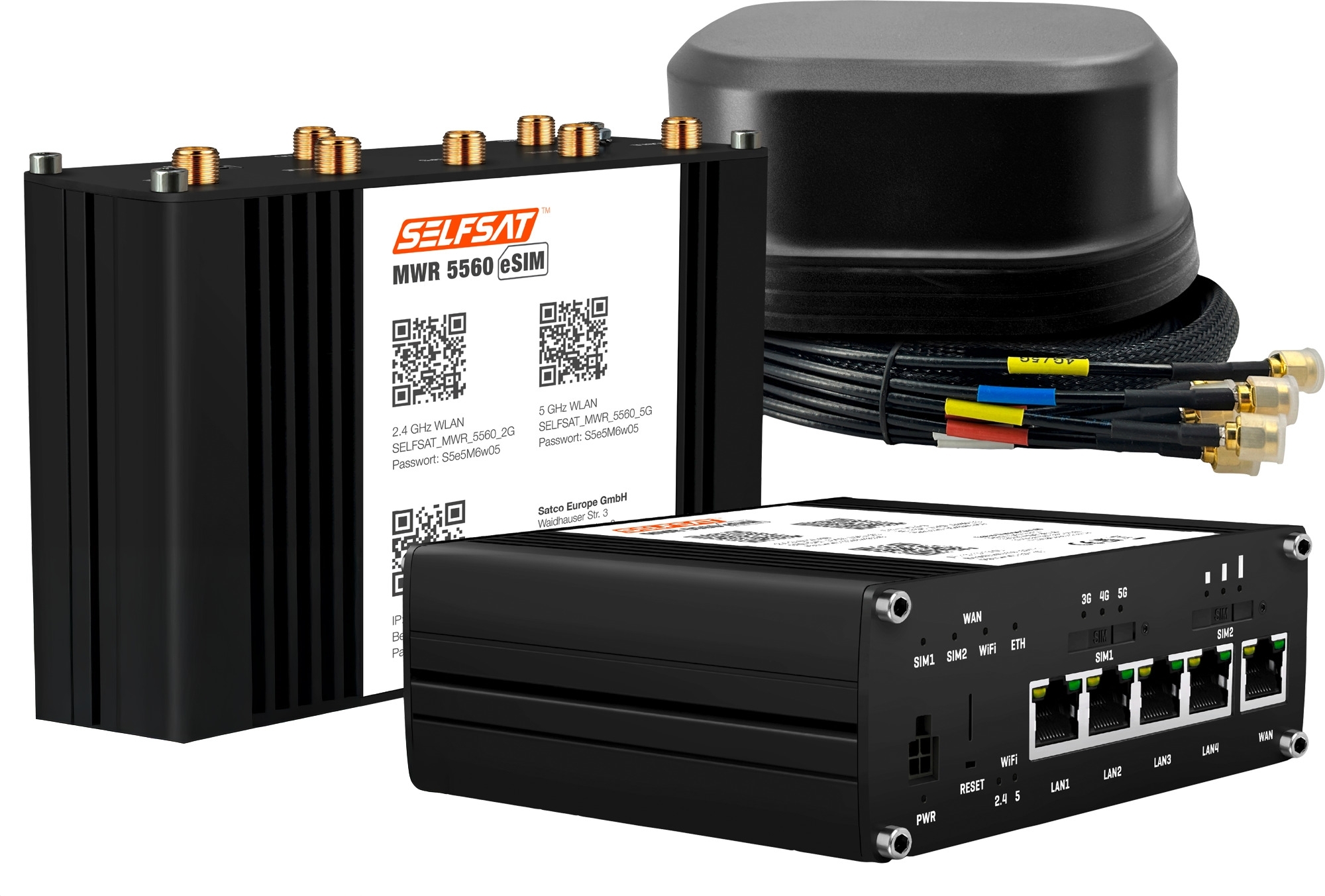 SELFSAT MWR 5560 WLAN Router eSIM 5G Cat 20  bis 3,4 Gbps inklusive SATCO 5G Antenne