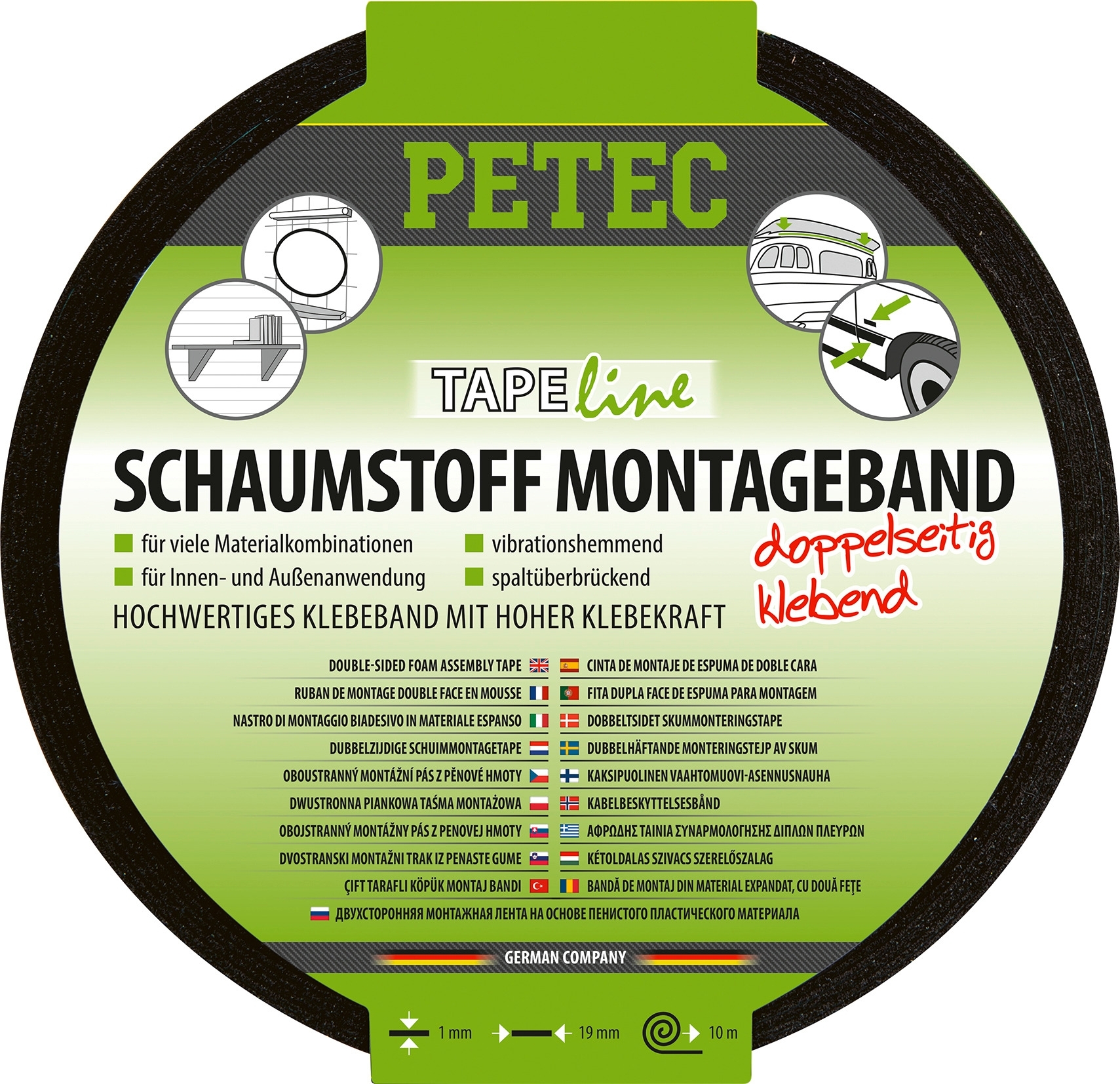 Petec Schaumstoff-Montageband doppelseitiges Klebeband 10 m x 19 mm x 1 mm