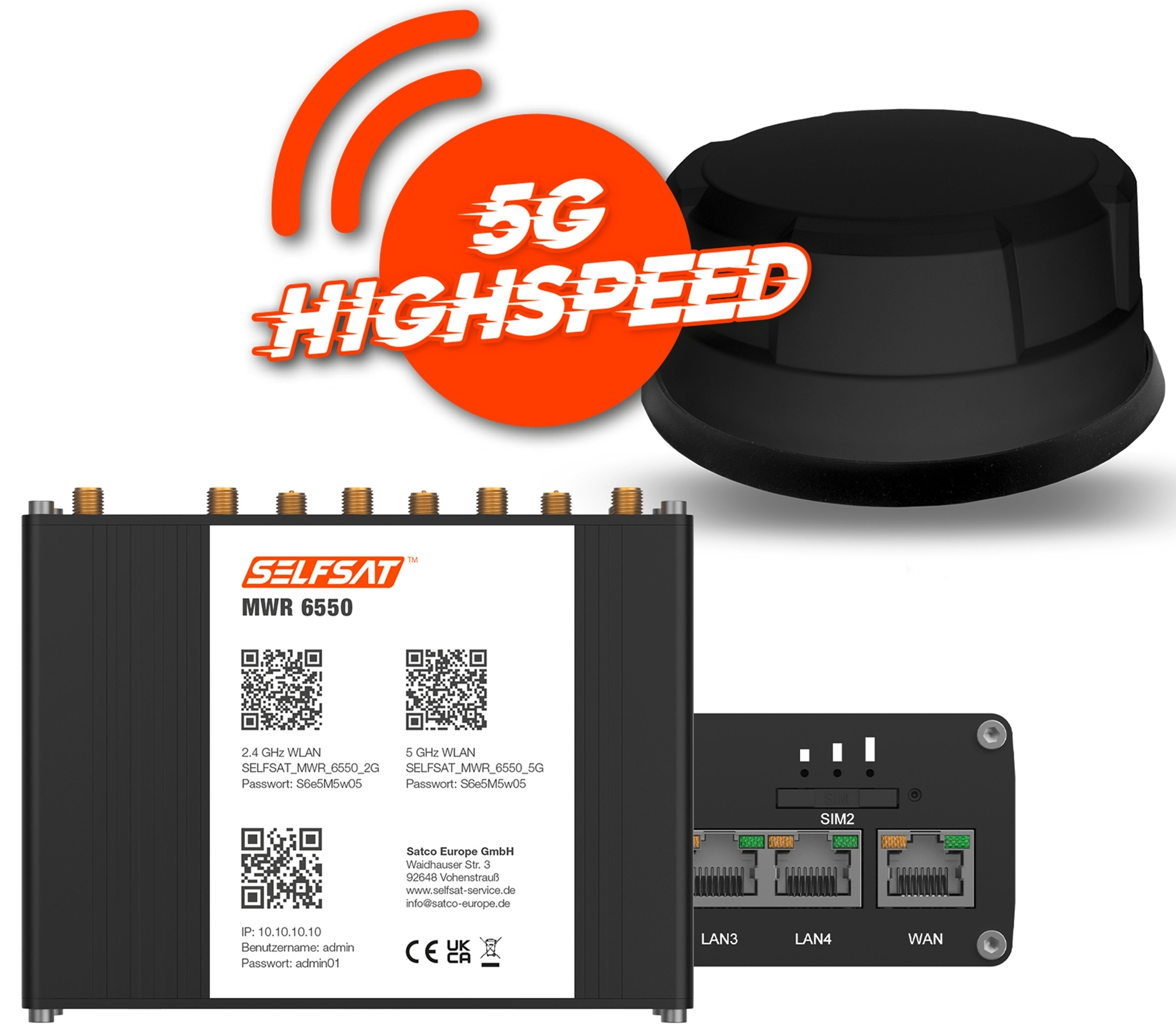 Selfsat 5G Cat 20 WiFi 6 WLAN Router MWR 6550  bis 3,4 Gbps inkl. Panorama Antenne
