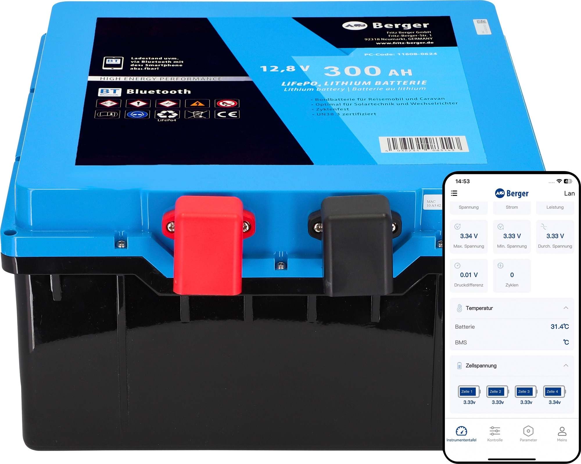 Berger LiFePO4 Lithium Untersitz Batterie Pro 300 Ah 12V mit Bluetooth & Heizung