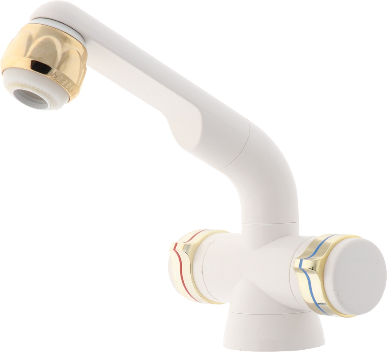 Barwig Compact Automatik Zweigriff-Mischarmatur Wasserhahn mit 10 mm Schlauch-Anschluss 12V weiß/gold