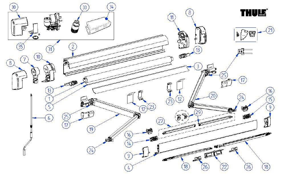Thule Teleskopkurbel für Markise 4200 / Tristor 2 / Omnistor 4900 / 5200 - Thule Ersatzteilnummer 1500602210