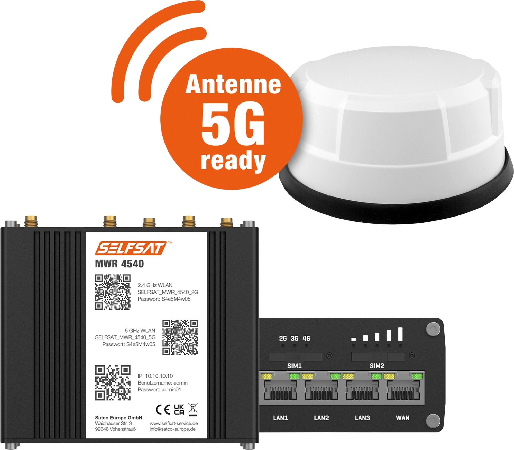 Selfsat 4G Cat 6 WLAN Router MWR 4540 inkl. 5G Panorama Antenne bis 300 Mbps