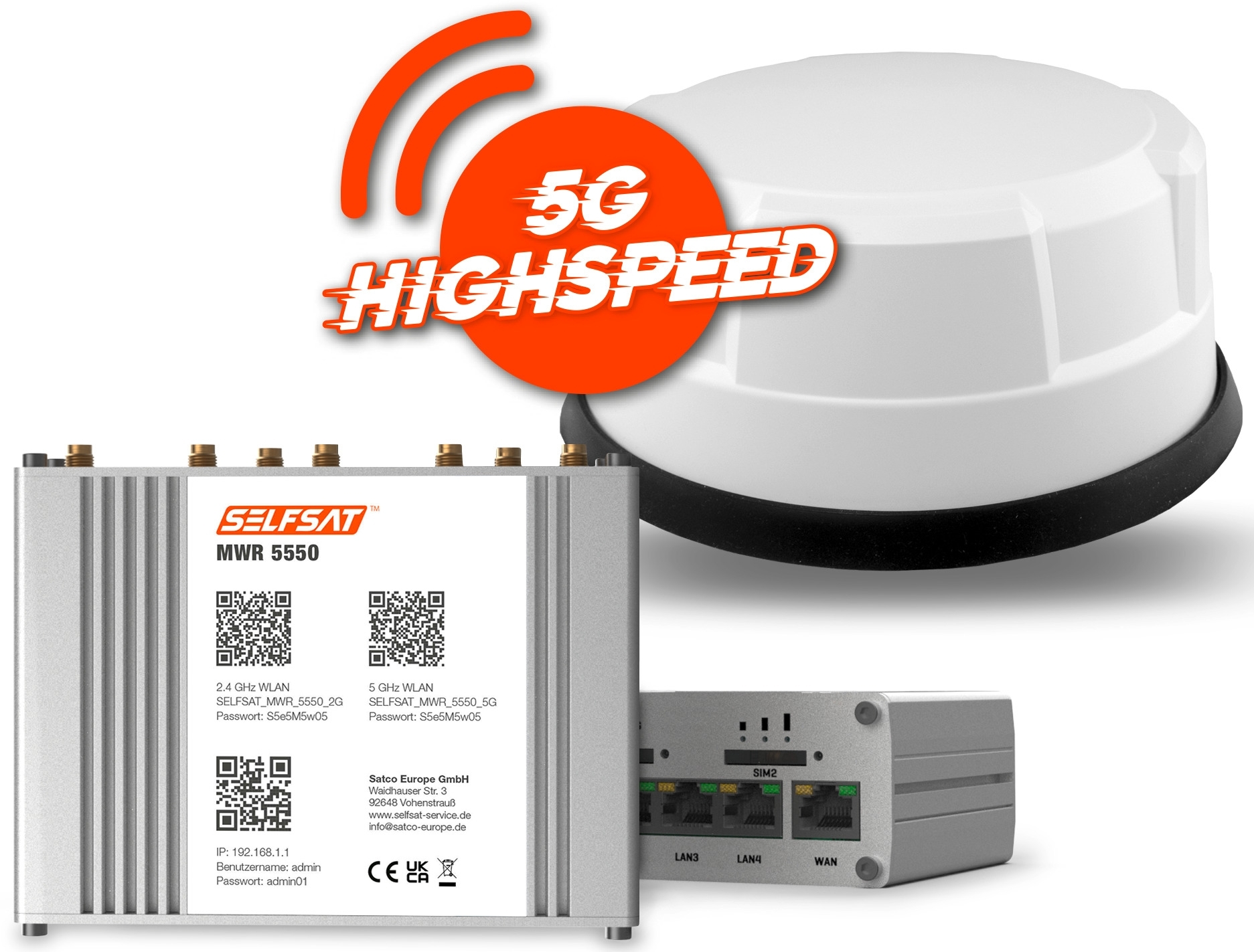 Selfsat Mobiler 5G/4G LTE Router MWR 5550 mit WLAN und GPS inkl. 5G Dachantenne