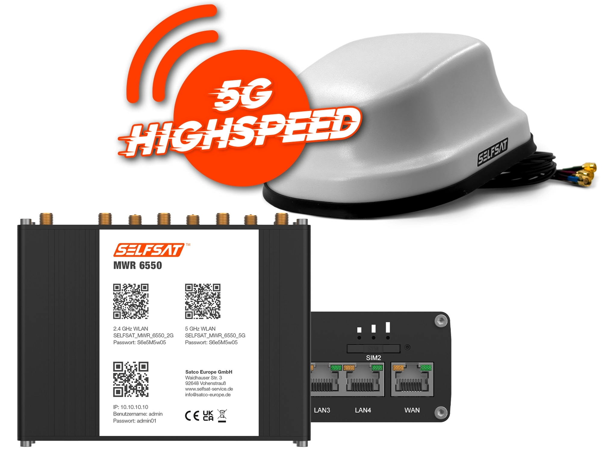 Selfsat 5G Cat 20 WiFi 6 WLAN Router MWR 6550 bis 3,4 Gbps inkl. 5G Antenne