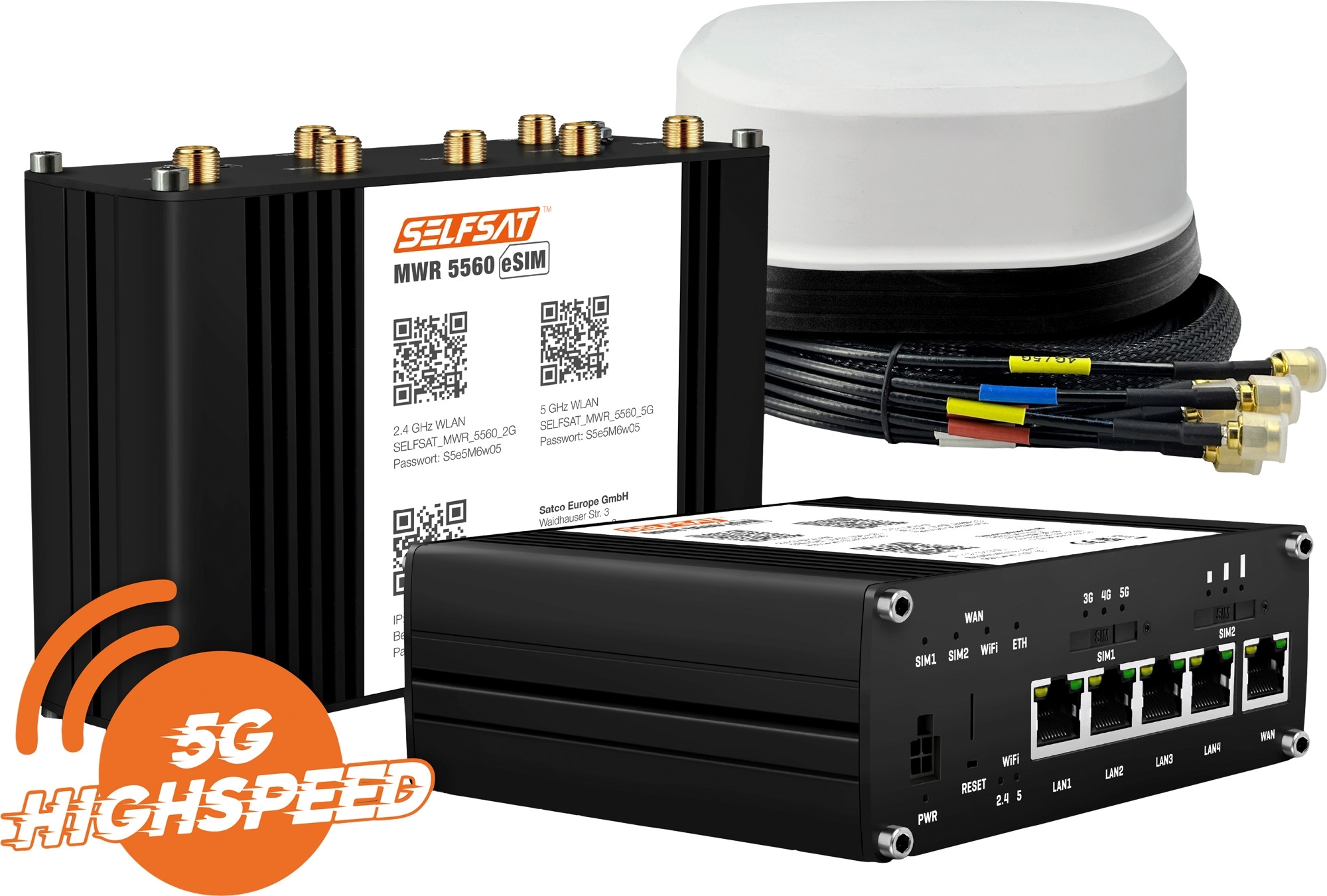 SELFSAT MWR 5560 WLAN Router eSIM 5G Cat 20  bis 3,4 Gbps inklusive SATCO 5G Antenne