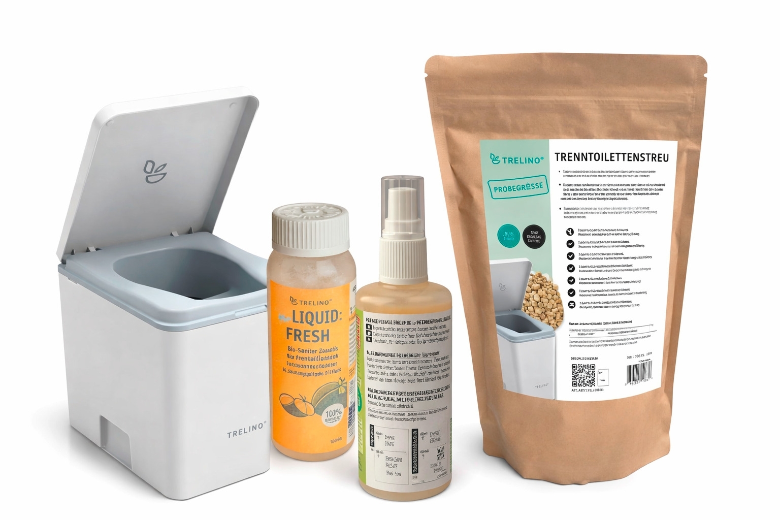 Trelino Evo L Trenntoilette inkl. Holy Shine Bio Active 100 ml / Liquid Fresh 100 ml / Trenntoilettenstreu 1,2 Liter weiß