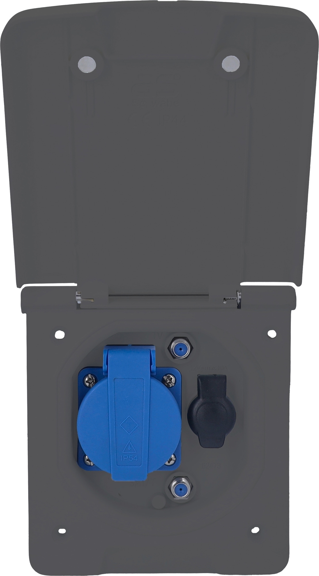 Schwabe Caravan Vorzelt-Multifunktionssteckdose inkl 1x Schutzkontaktsteckdose 230 V / 1x Steckdose 12 V /  2x SAT-Steckdosen anthrazit