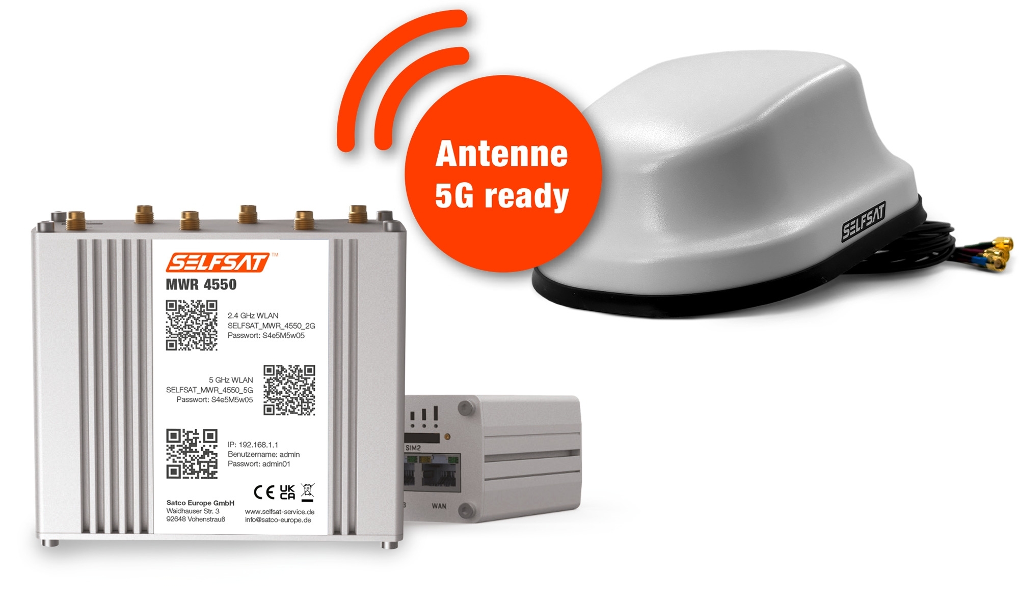 SELFSAT 4G / LTE & WLAN Internet Router  MWR 4550 Komplettset bis 300 Mbps inkl. 4G / 5G ready Dachantenne