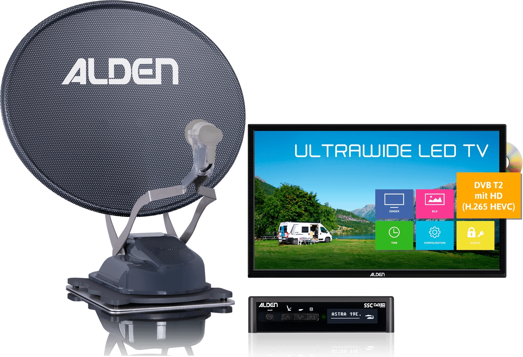 Alden Onelight 60 HD EVO Platinium Vollautomatische Sat-Anlage inkl. Ultrawide LED Fernseher