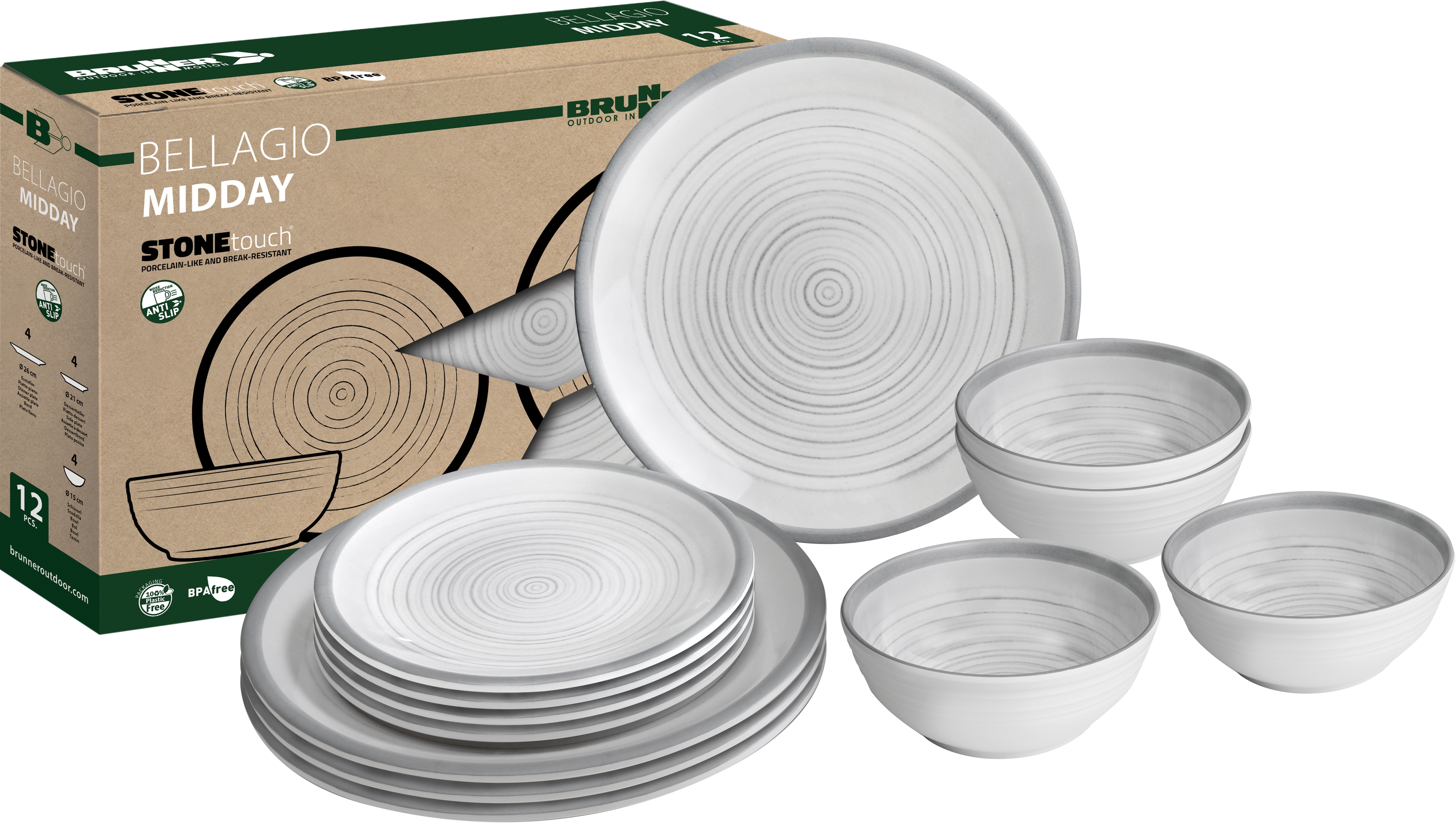 Brunner Midday Bellagio Geschirrset Melamin Mineral 12-teilig Porzellan-Touch Antirutsch BPA-frei