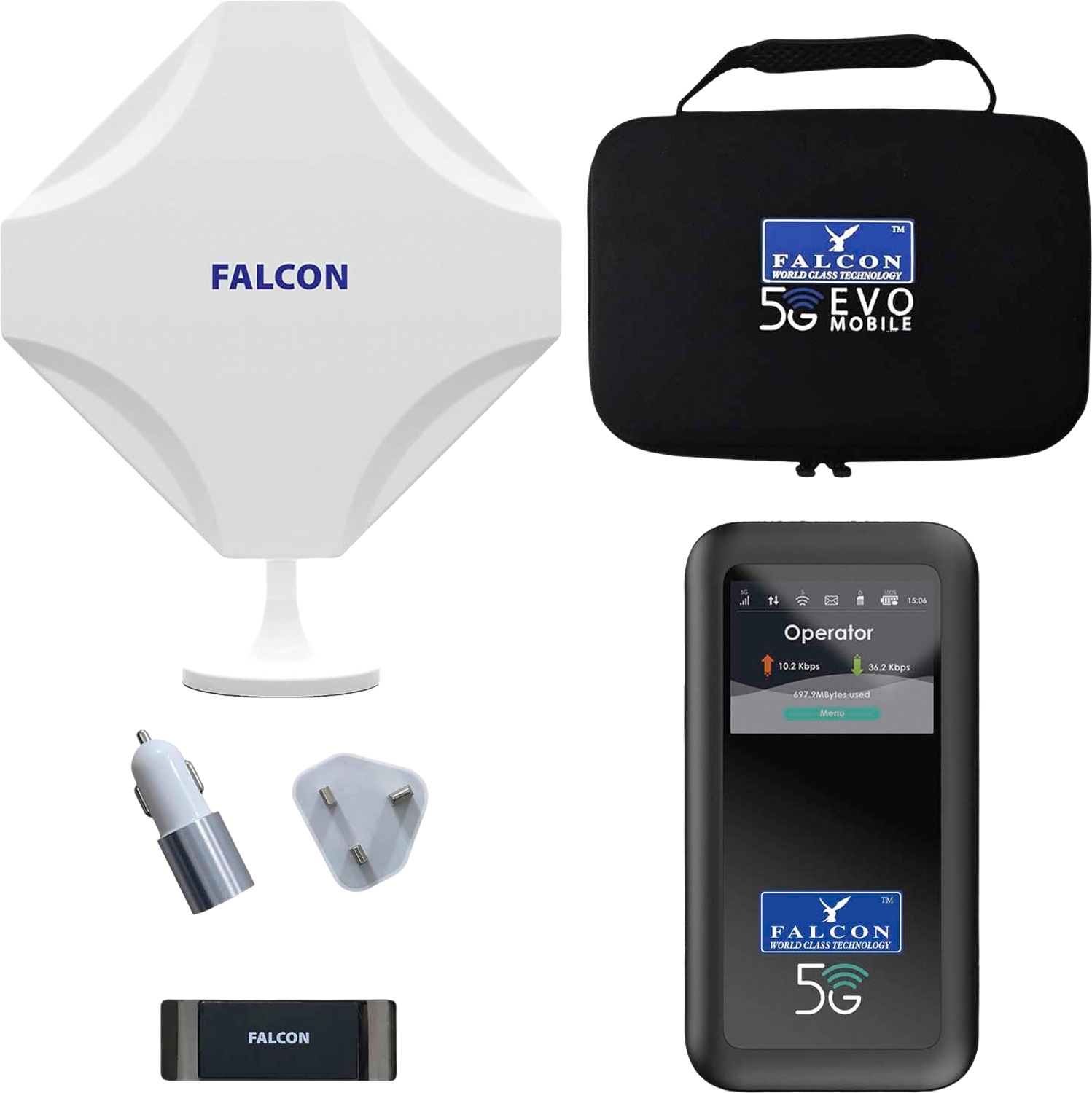 Falcon Evo 5G Mobile Deluxe Internetantenne mit tragbarem Router und bis zu 3400 Mbit/s Geschwindigkeit