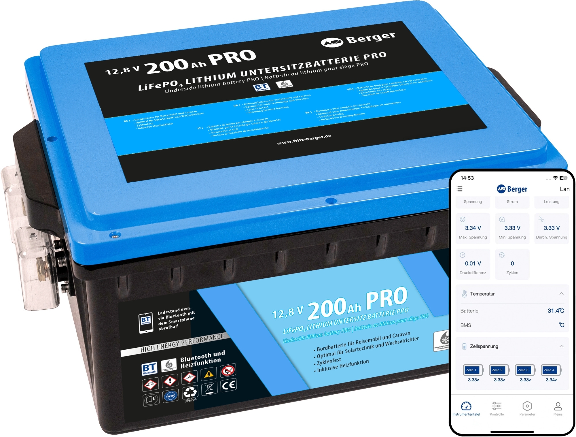 Berger LiFePO4 Lithium Untersitz Batterie Pro 200 Ah 12 V mit Bluetooth & Heizung