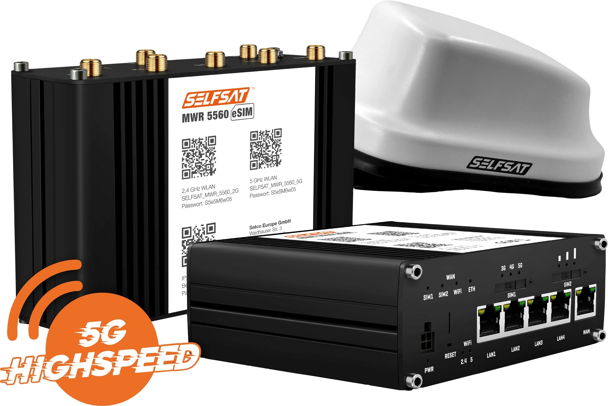 SELFSAT MWR 5560 WLAN Router eSIM 5G Cat 20 bis 3,4 Gbps inklusive SELFSAT 5G Antenne