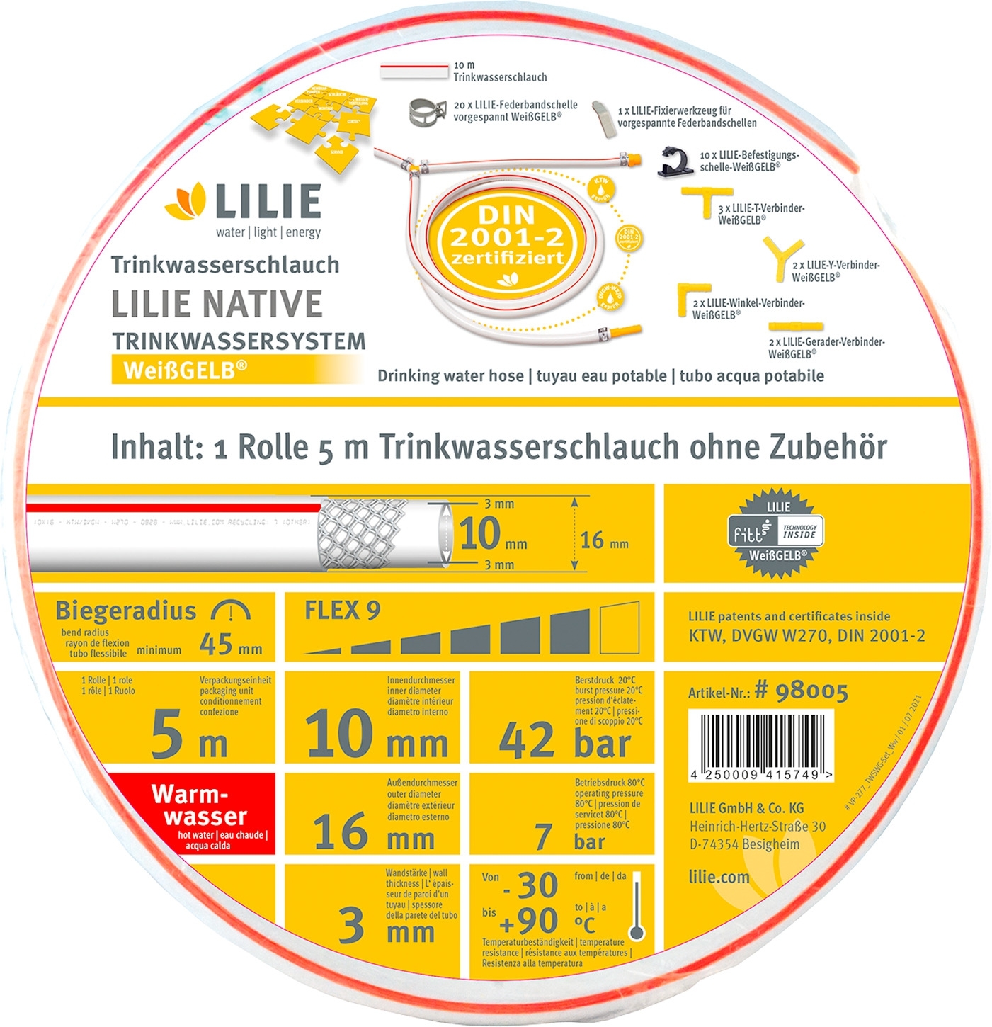 Lilie native 50m Rolle Trinkwasserschlauch 12x18mm  - warm