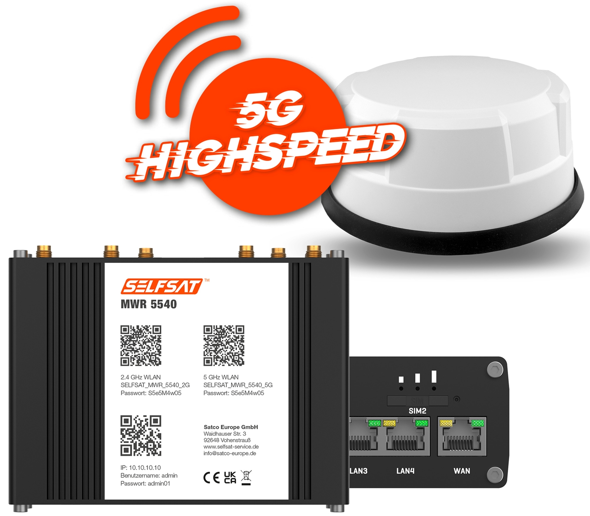 Selfsat 5G Cat 12 WLAN Router MWR 5540 bis 2,6 Gbps inkl. Panorama Antenne