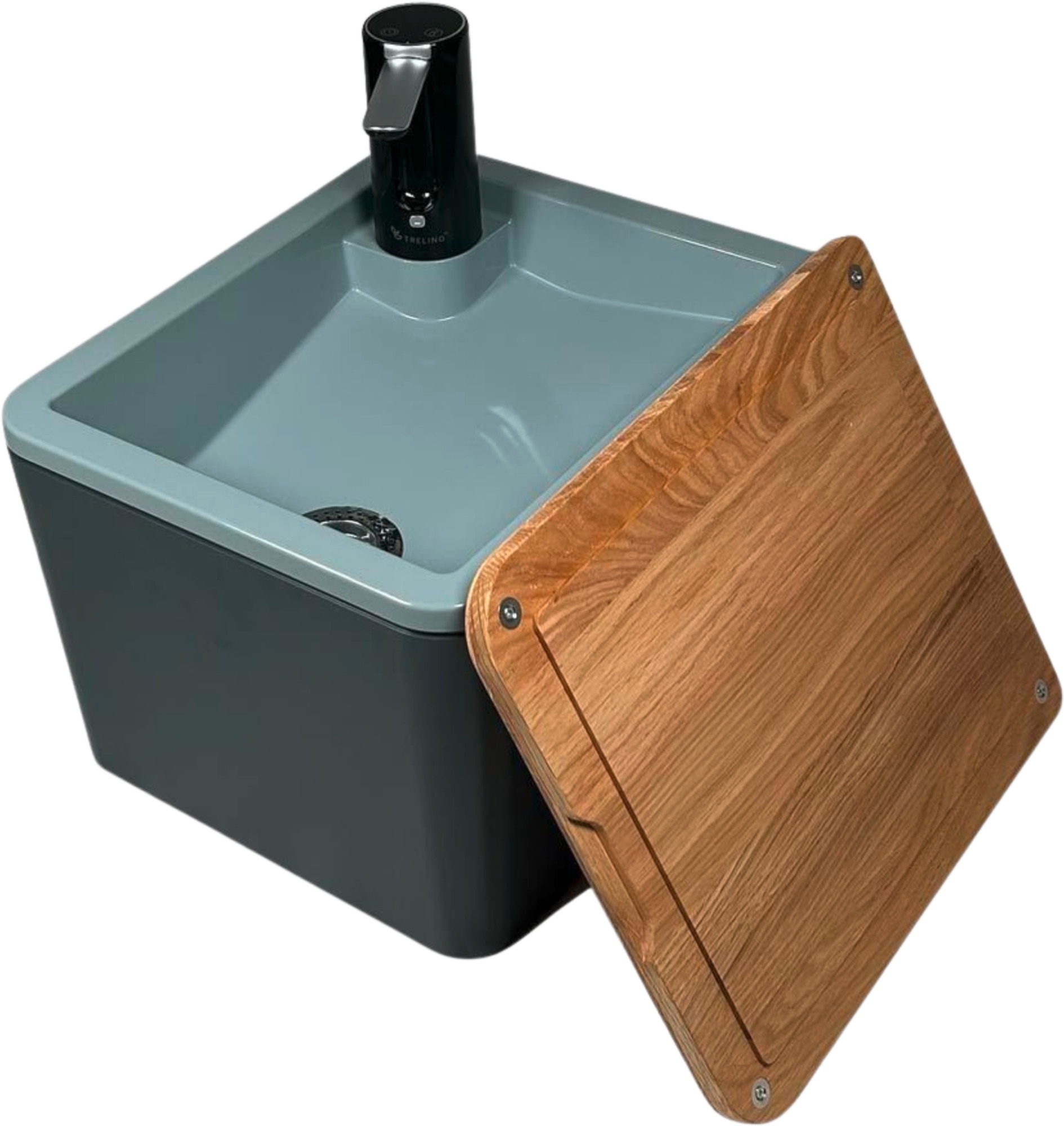 Trelino Splash Waschbecken L mobiles Waschbecken 10 Liter mit Holzdeckel anthrazit