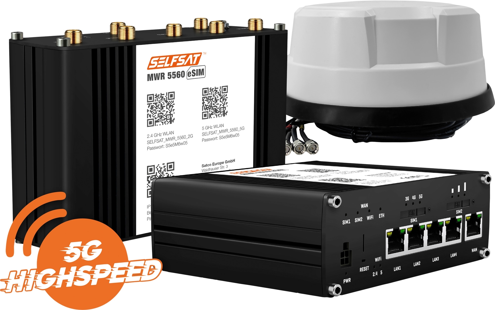 SELFSAT MWR 5560 WLAN Router eSIM 5G Cat 20 bis 3,4 Gbps inklusive  Panorama Antenne