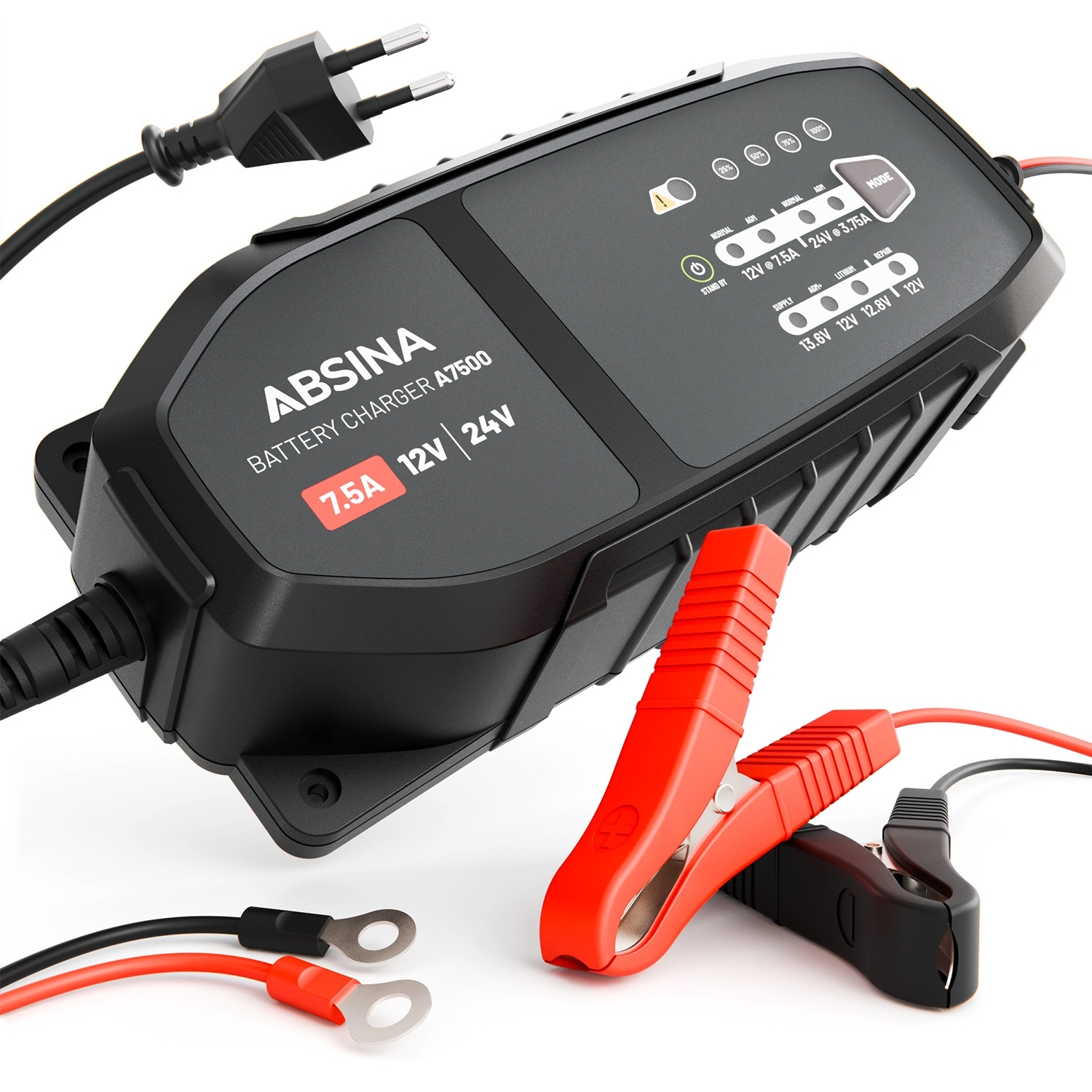 Absina vollautomatisches 10-Stufen-Ladegerät A7500 mit einstellbarem Ladestrom für Fahrzeuge 12 V / 24 V / 3,75 - 7,5 A