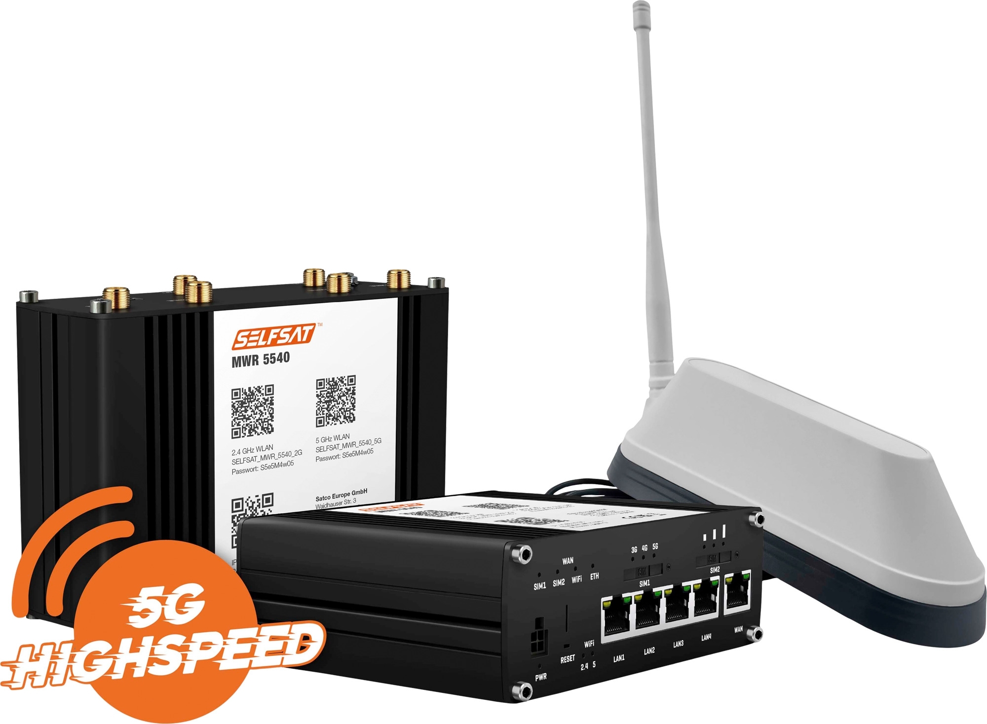 Selfsat MWR 5540 5G Cat 12 WLAN Router mit SHARK 5G Dachantenne weiß bis 2,6 Gbps