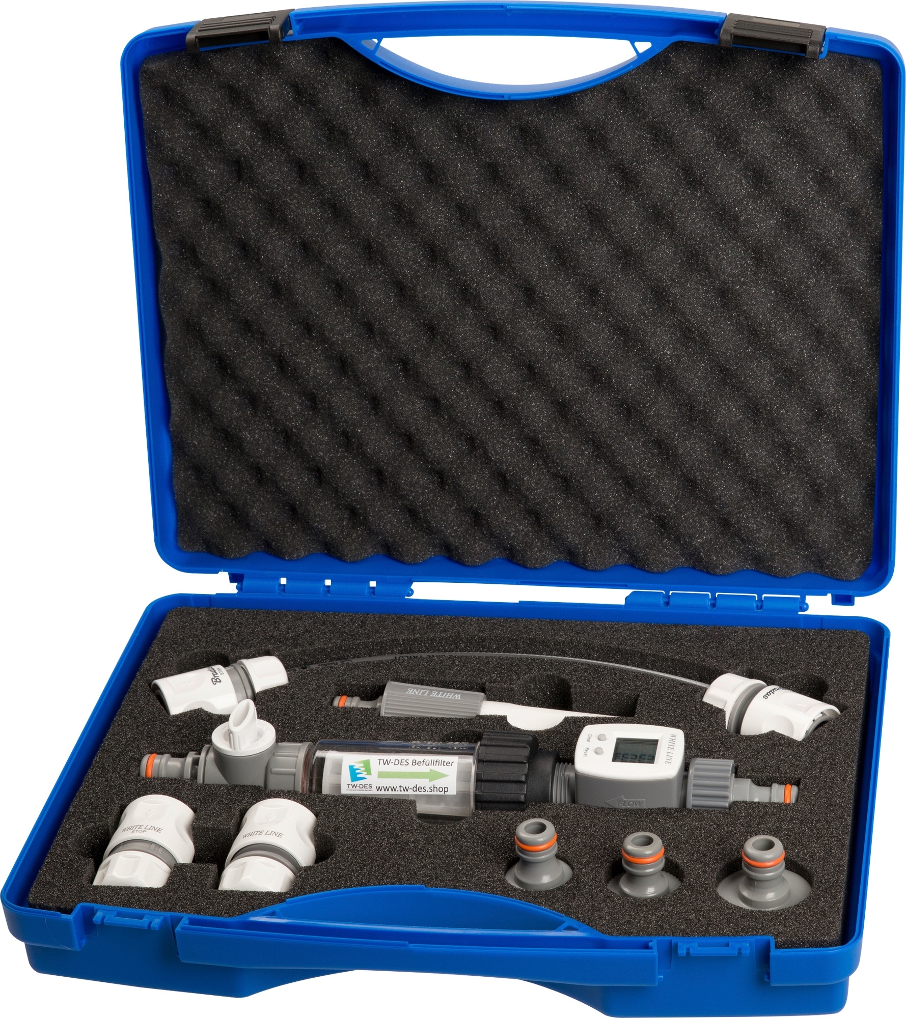 TW-DES Wasserkoffer Befüllset mit Wasserfilter, Wasseruhr und Zubehör für Wassertanks