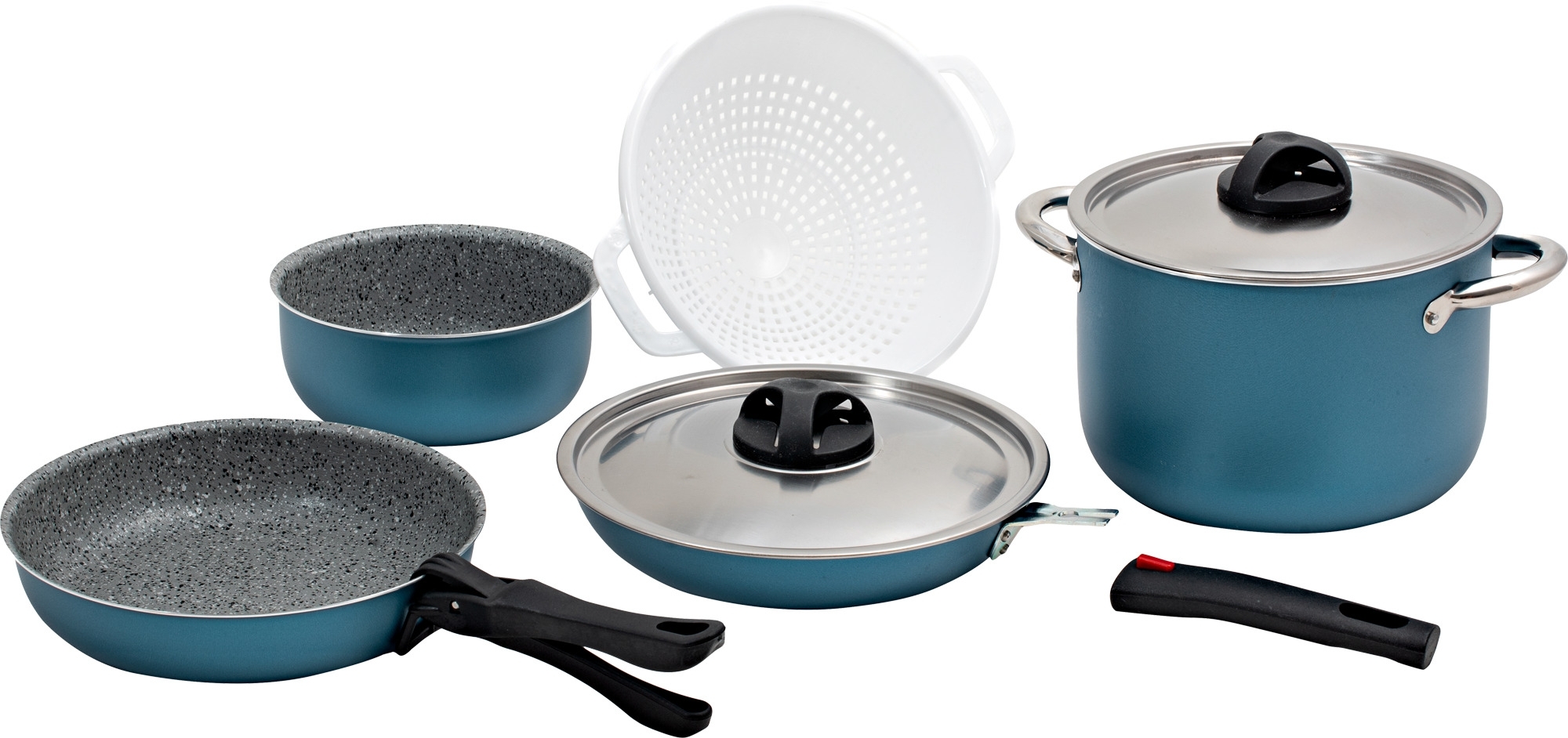 Berger Stone Topfset blau-matt aus Aluminium 8-tlg. abnehmbare Griffe
